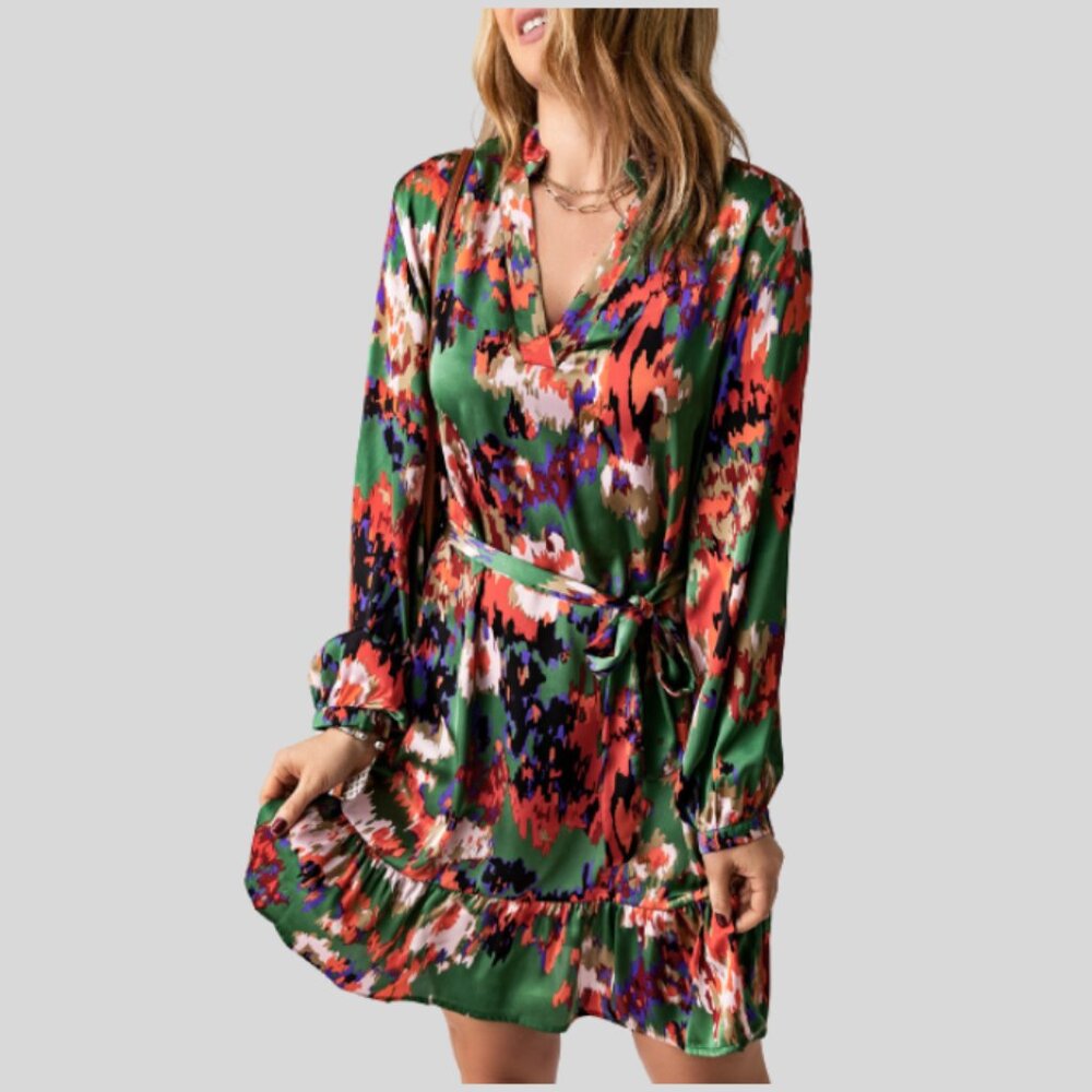 Abstract Print Ruffled Drawstring High Waist Mini Dress - Picture 4 of 5